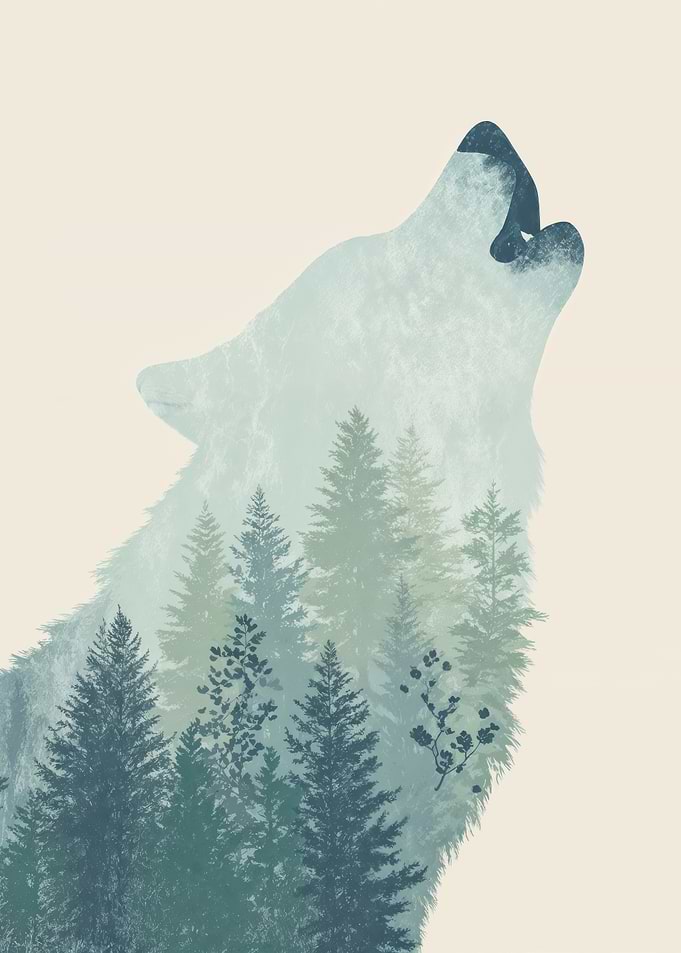 Howling Wolf Silhouette Filled With Pine Forest