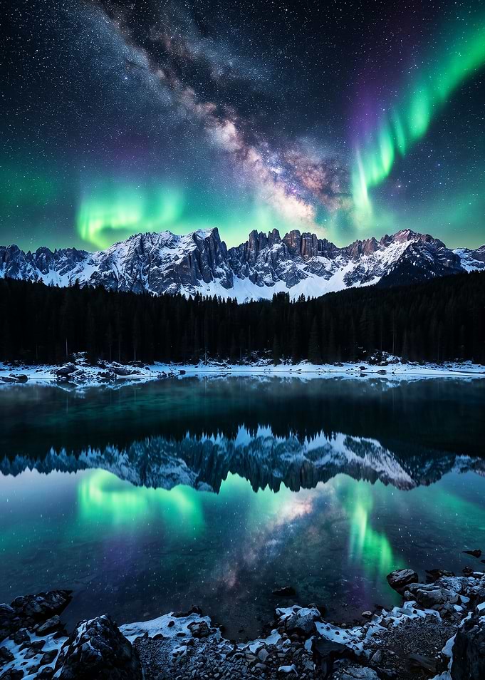 Aurora Borealis Over Snowy Mountain Lake