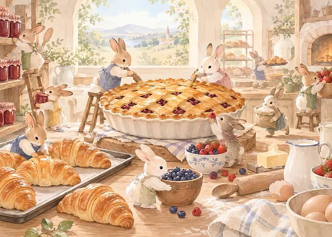 Bunnies Baking a Berry Pie