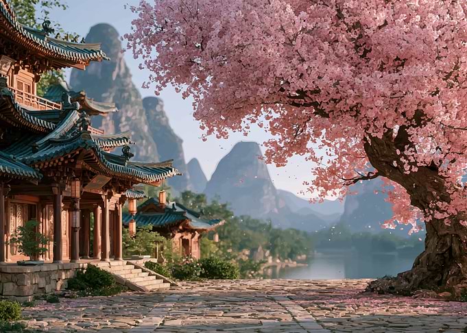 Traditional Asian Temple with Cherry Blossoms