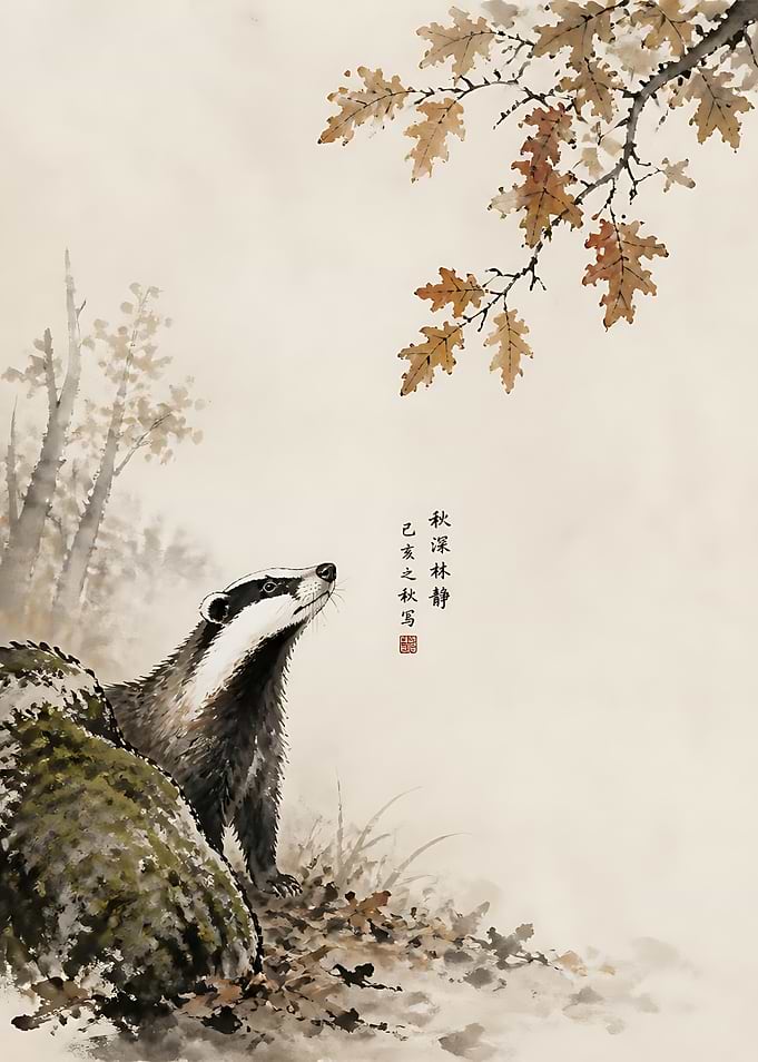 Badger in Autumn Forest Ink Painting