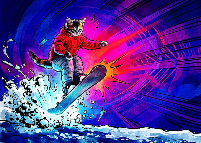 Cool Calico Cat Snowboarding