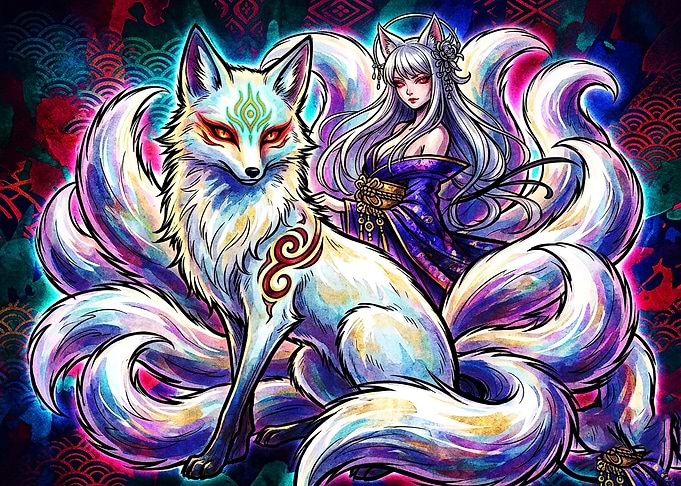 Kitsune Nine-Tailed Fox and Shrine Maiden