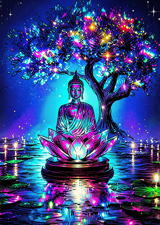 Neon Buddha Meditating Under Cosmic Tree