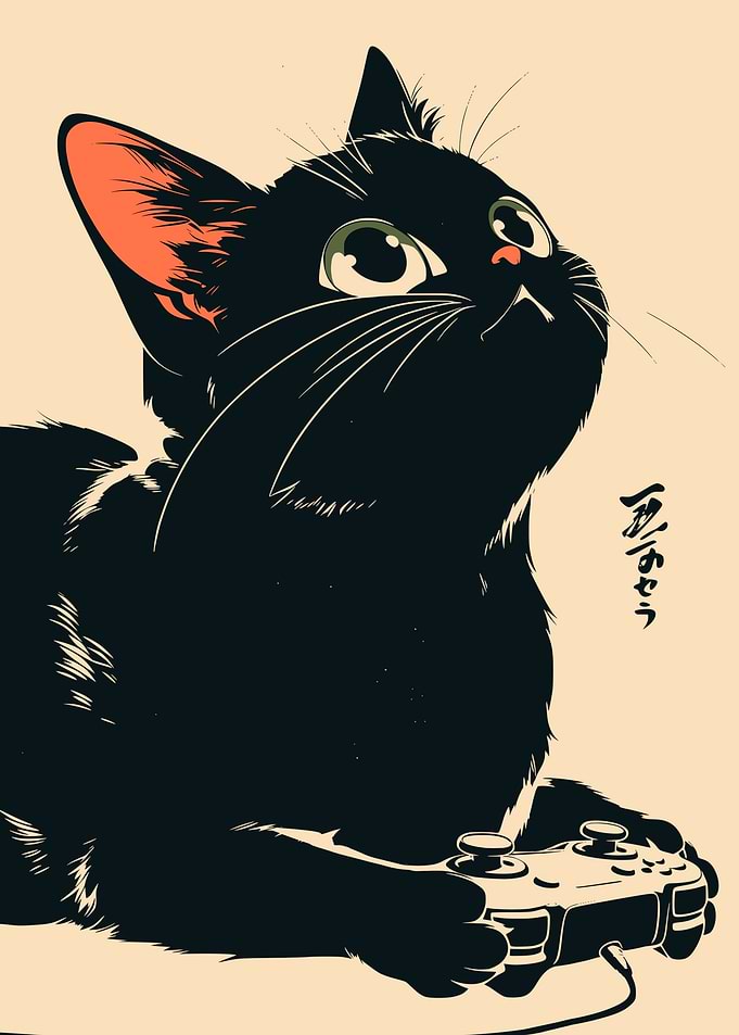 Black Cat Gamer Japanese Retro