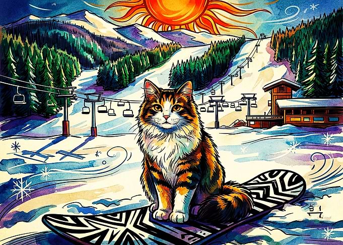 Cat Snowboarding on Snowy Mountain