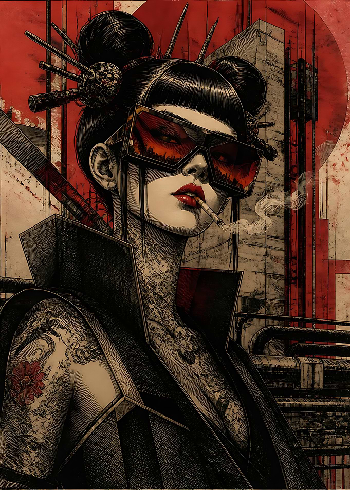 Cyberpunk Geisha with Red Accents