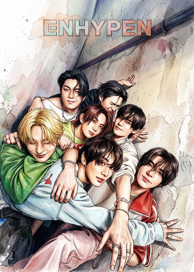 ENHYPEN K-pop Group Watercolor Illustration