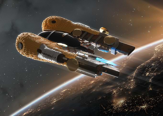 Corn-Shaped Spaceship Orbiting Earth