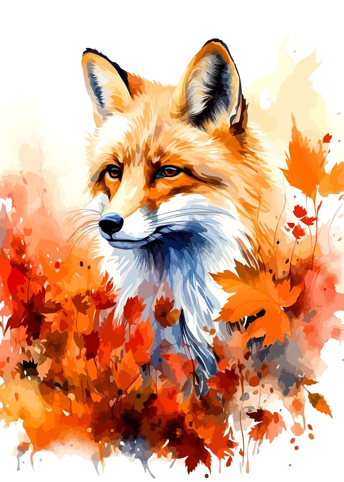 Watercolor Fox in Autumn Leaves