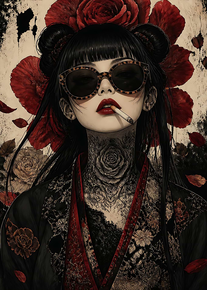 Edgy Anime Girl with Rose Tattoos