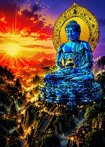 Vibrant Buddha Statue at Sunset