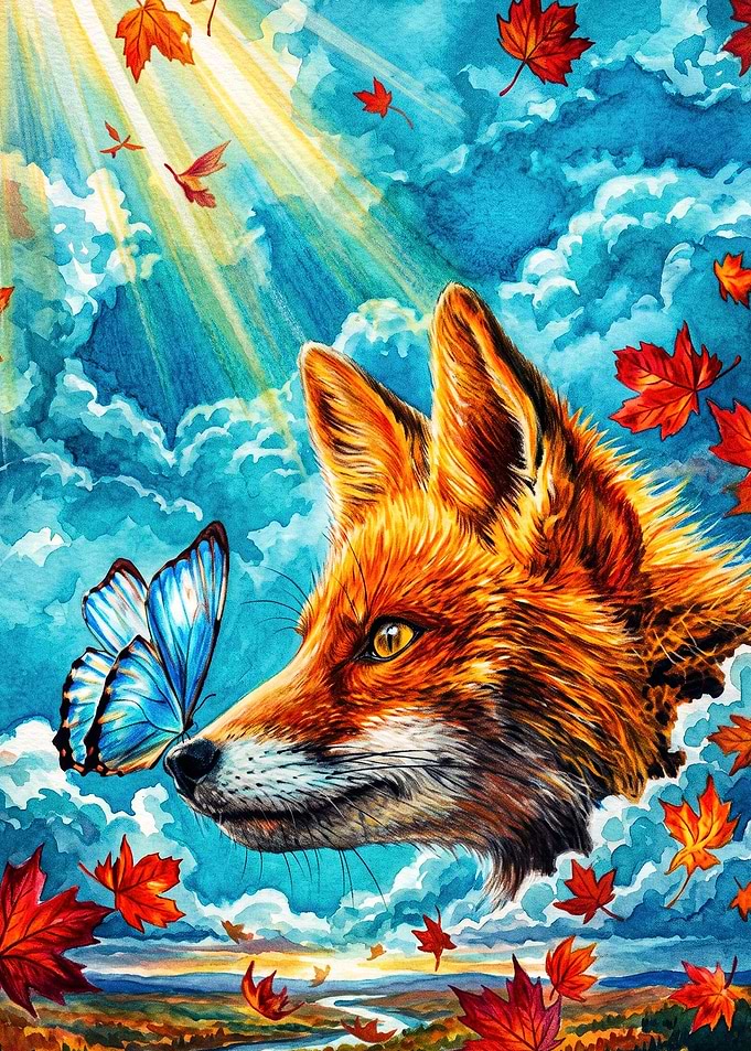 Fox and Blue Butterfly Autumn Scene