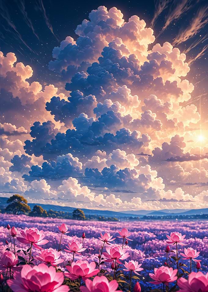 Dreamy Pink Flower Field at Sunset Landscape