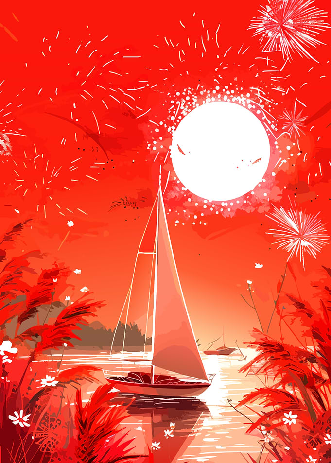 Sailboat on Red Fireworks Lake