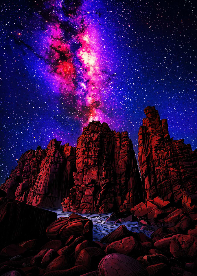 Vibrant Nebula Over Rocky Landscape