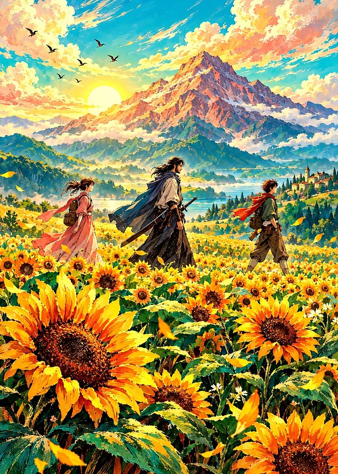 Anime Travelers in Sunflower Field