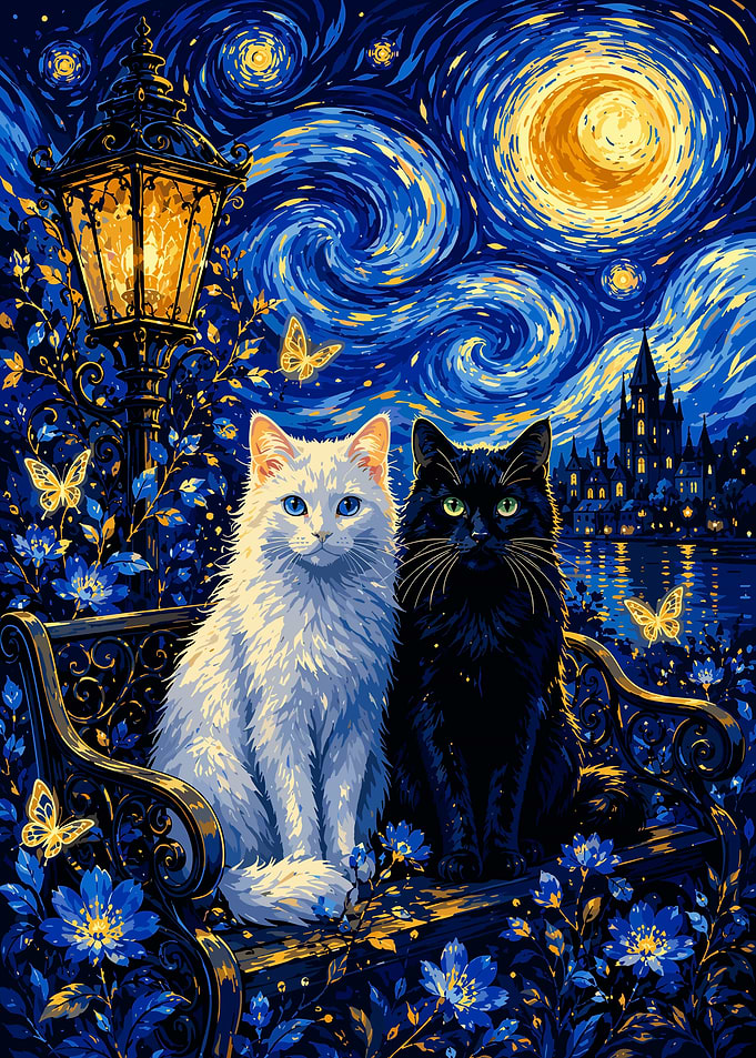 Two Cats in Starry Night Style