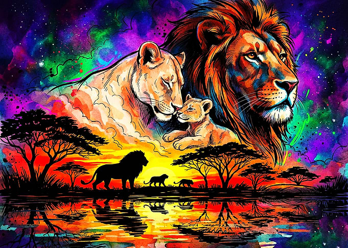 Vibrant Lion Family Sunset Art