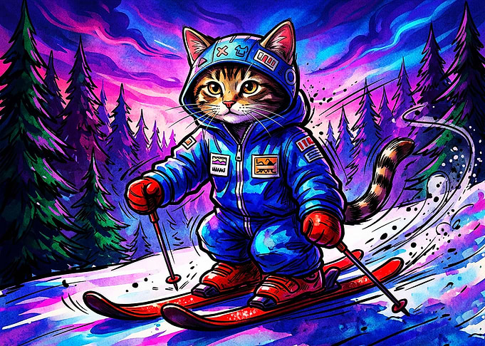 Skiing Tabby Cat in Neon Forest