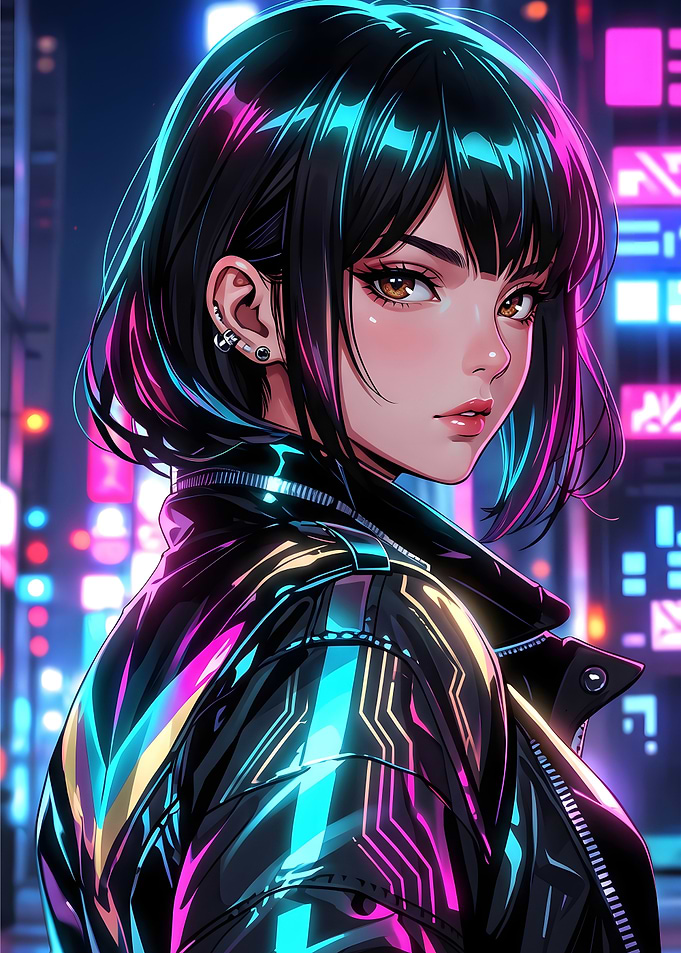 Retro Cyberpunk Neon Tokyo Leather Jacket Anime Girl
