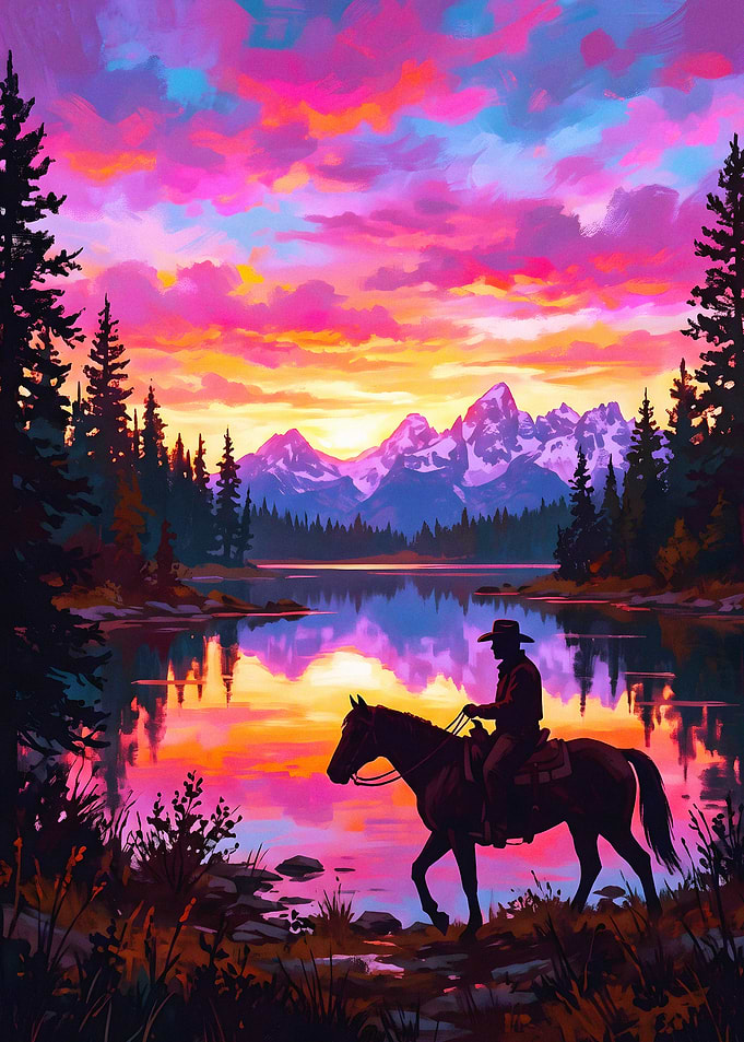 Cowboy Riding Horse at Sunset