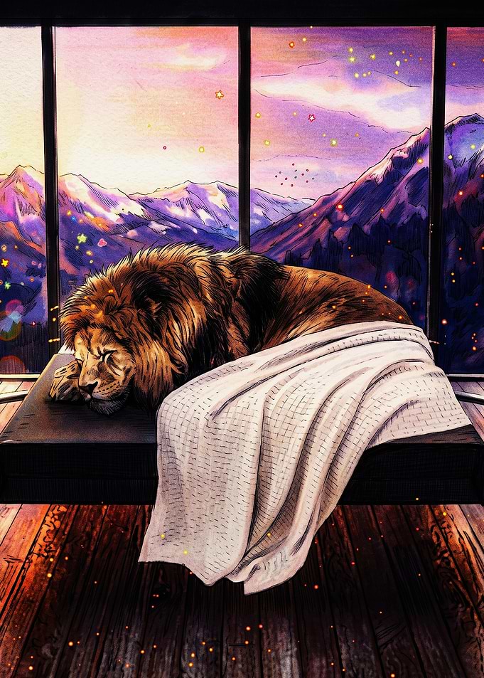 Lion Sleeping by Mountain Window