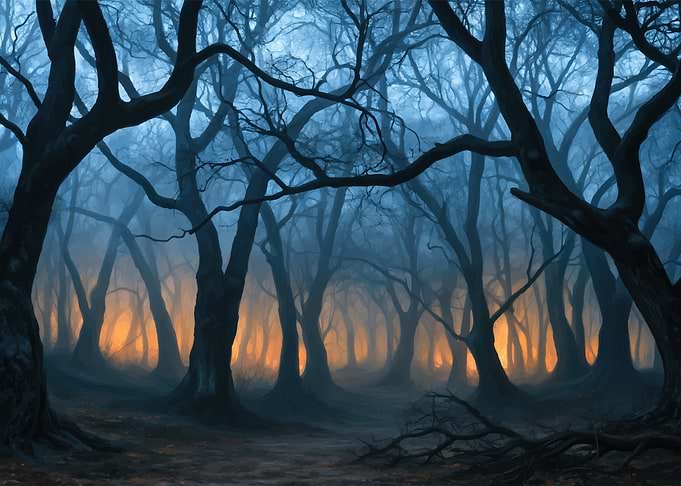 Eerie Forest with Glowing Orange Mist