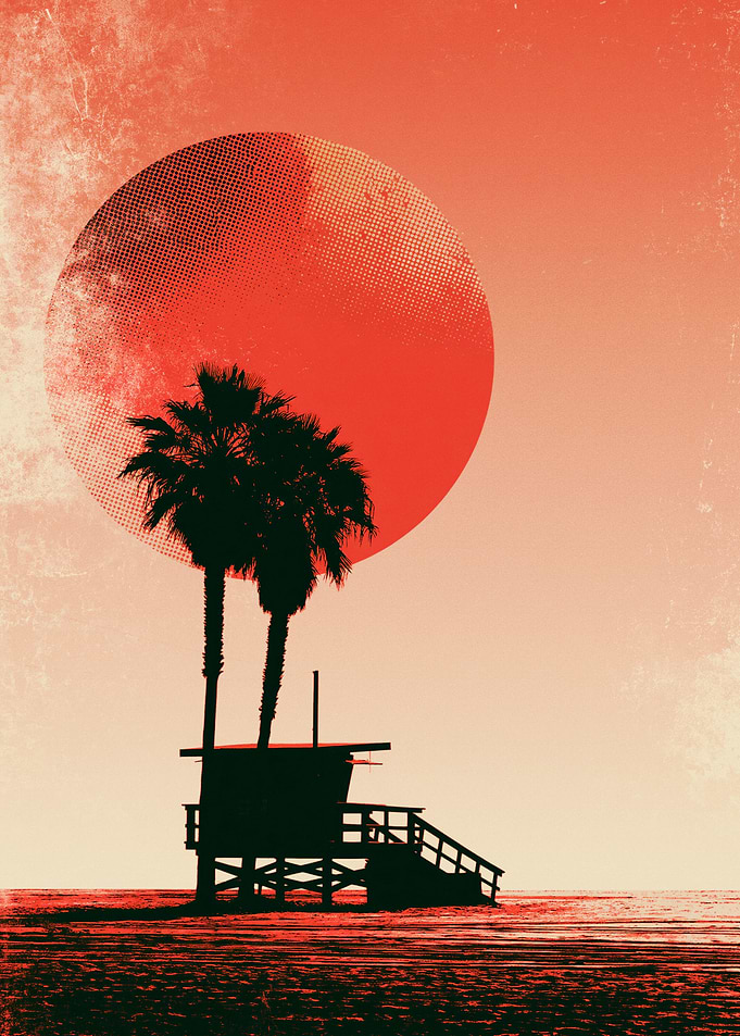 Retro California Beach Sunset Silhouette