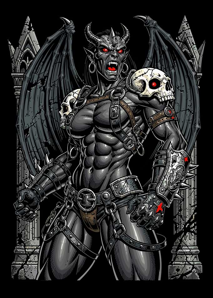 Muscular Demon Warrior with Skull Armor