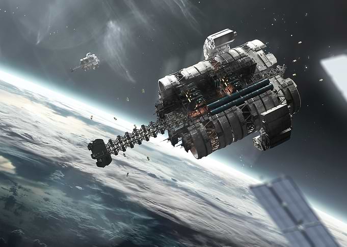 Futuristic Space Station Orbiting Earth