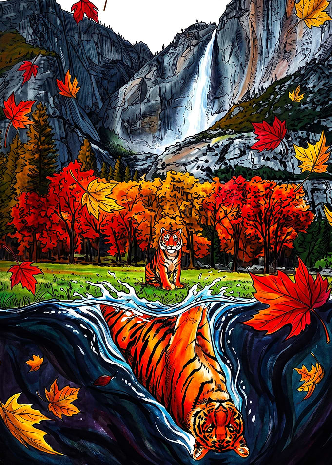 Tiger Reflection in Autumn Landscape