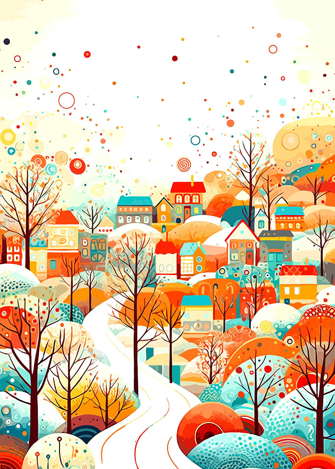 Whimsical Colorful Autumn Village Landscape