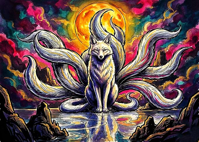 Nine-Tailed Fox Under Full Moon