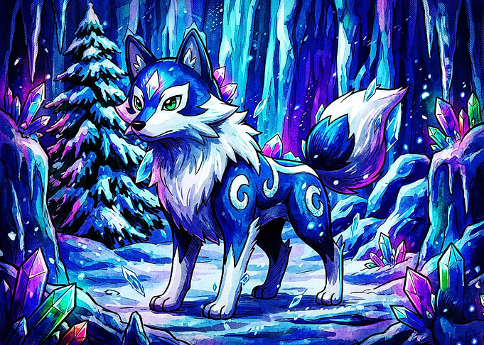 Magical Crystal Wolf in Winter Forest