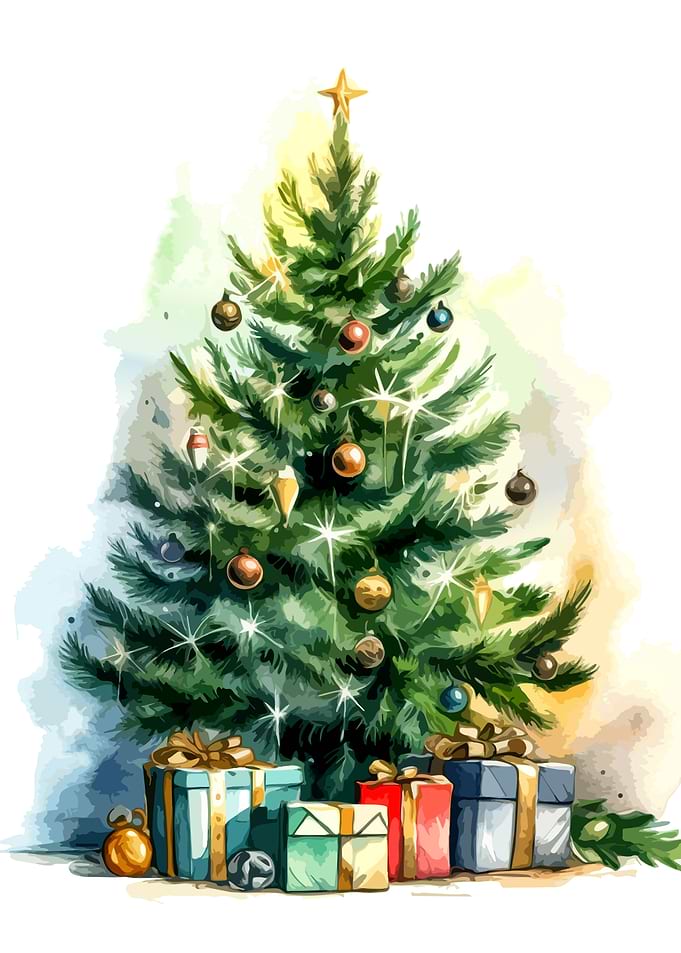 Watercolor Christmas Tree with Gifts