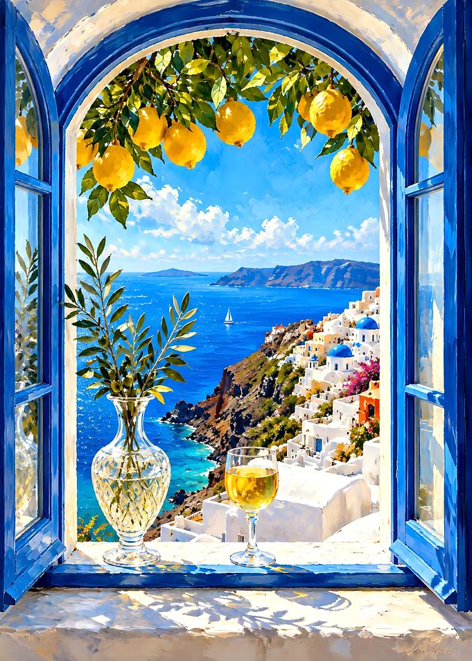 Santorini View Through Open Window