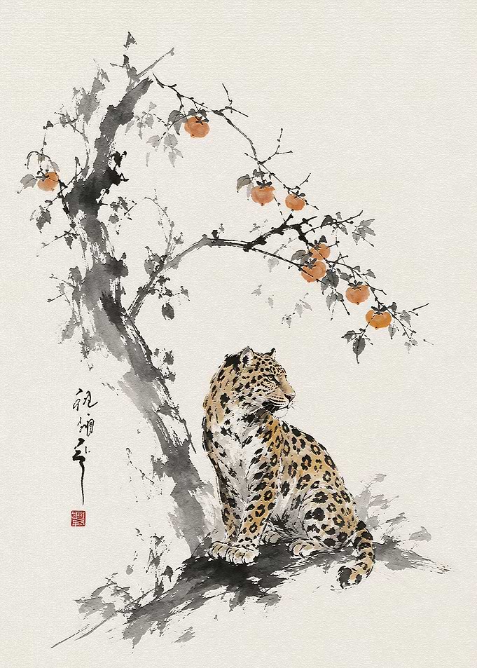 Leopard Under Persimmon Tree Ink Painting