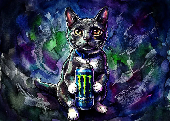 Cat Holding Monster Energy Drink