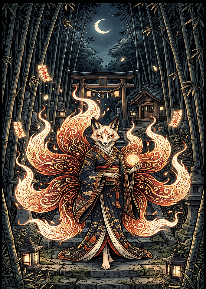 Nine-Tailed Kitsune in Bamboo Forest