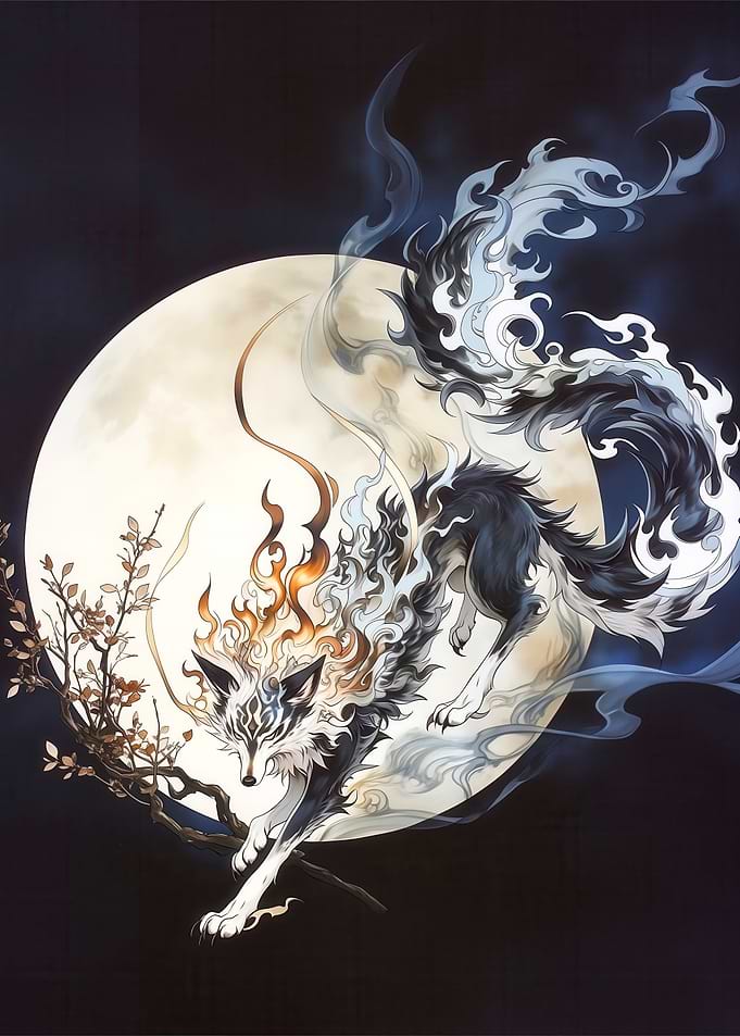 Mystical Fox Spirit Under Full Moon