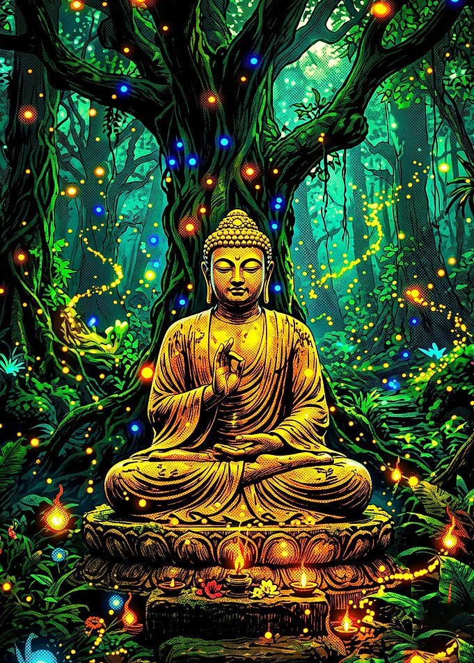 Golden Buddha Meditating in Enchanted Forest
