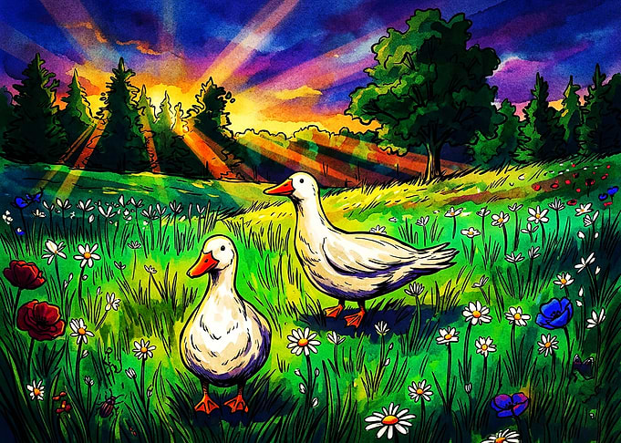 Two Ducks in a Sunny Meadow