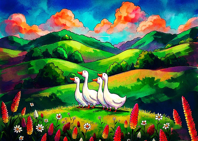 Four White Geese in Flowery Meadow