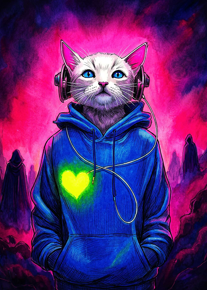 Cat in Hoodie with Glowing Heart