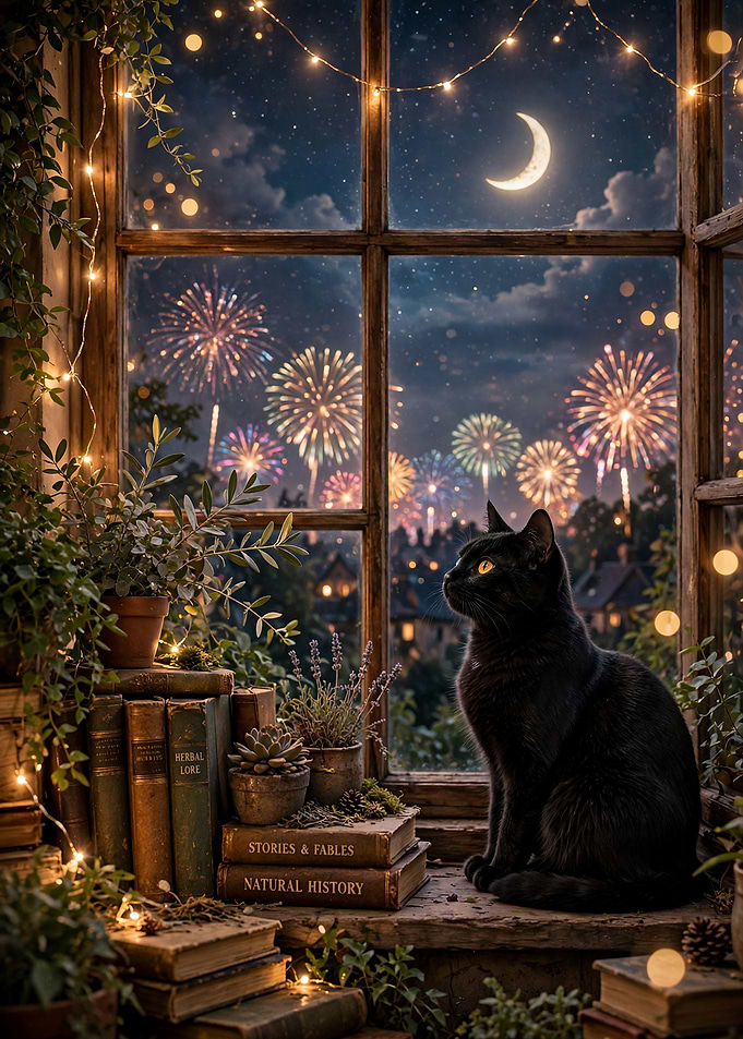 Black Cat Watching Fireworks at Night