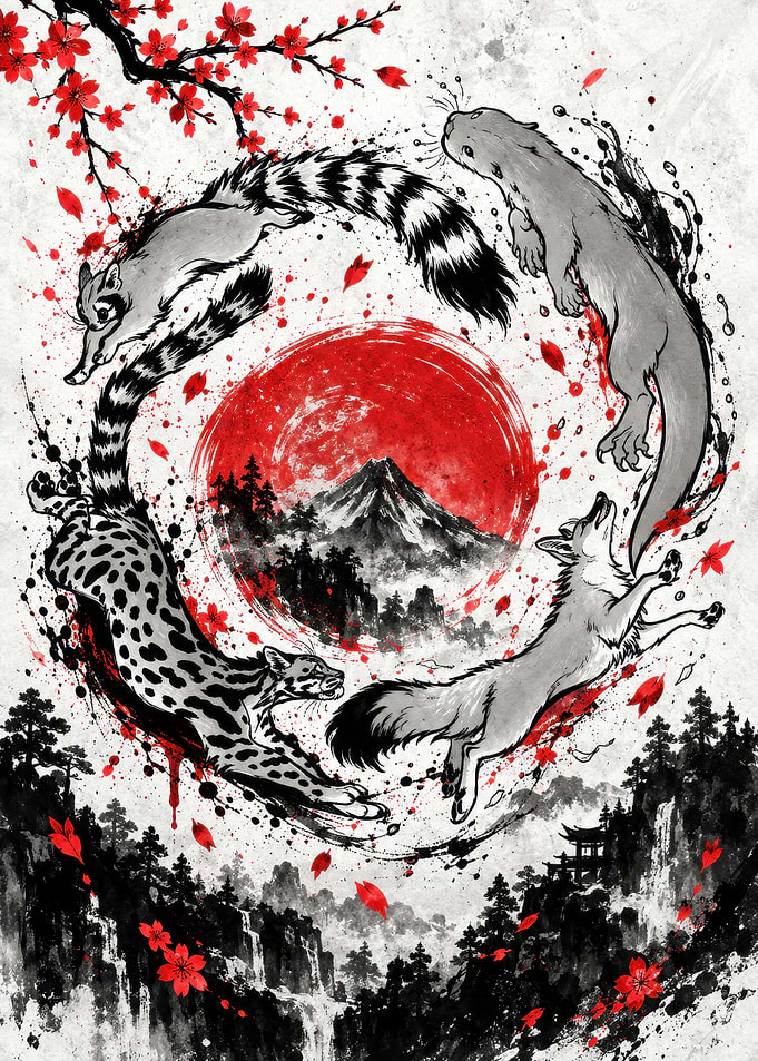 Japanese Ink Wash Animal Circle Art