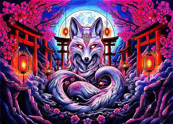 Mystical Kitsune Fox in Cherry Blossoms