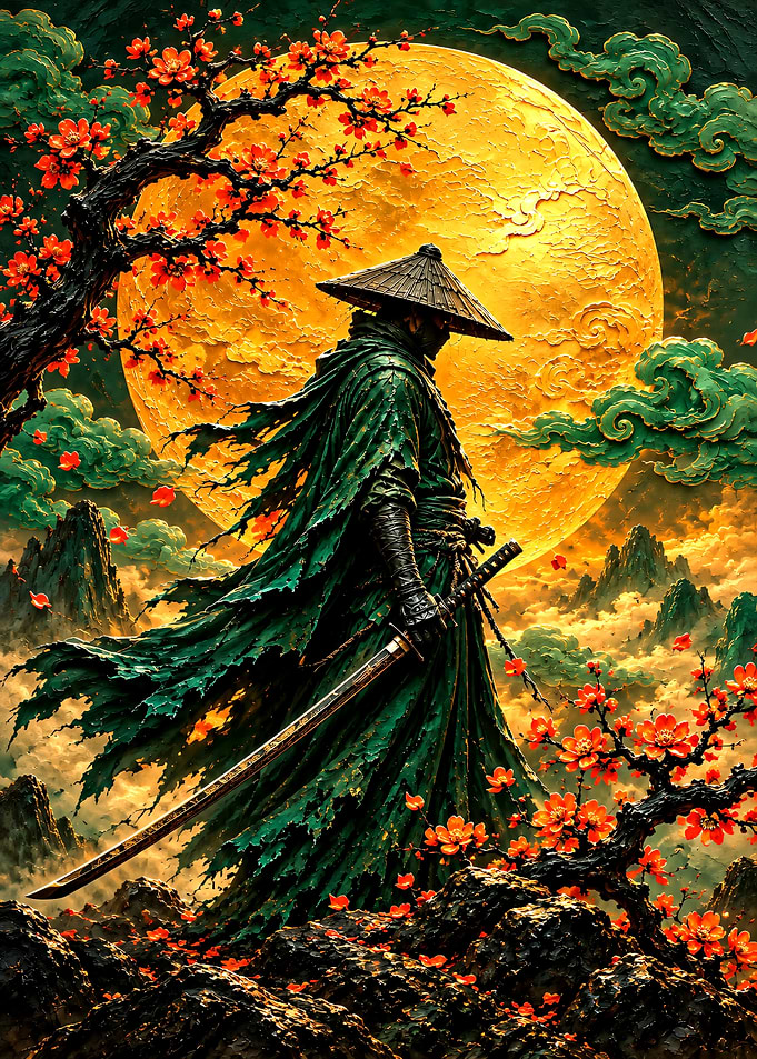 Lone Samurai Under Golden Moon