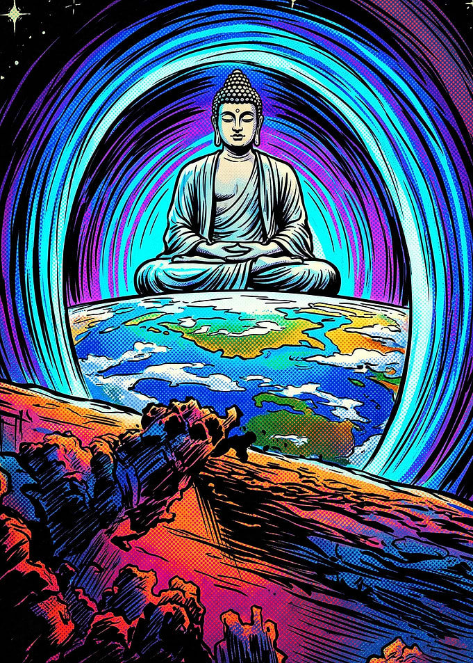 Cosmic Buddha Meditating Above Earth